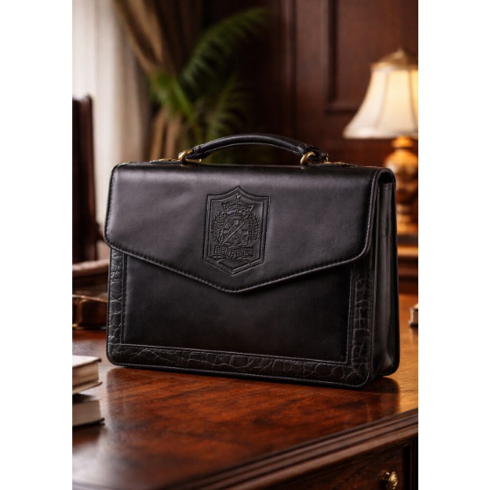 Vintage Belle Rose Black Leather Structured Top Handle Briefcase Bag